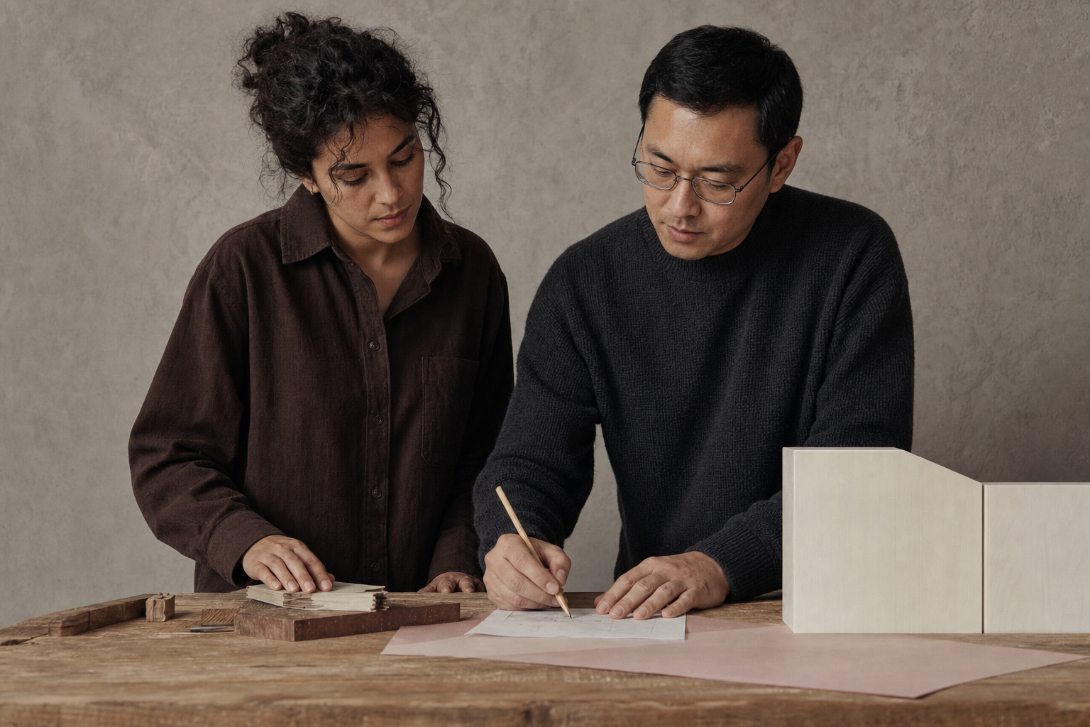 Illustrative studio scene: two fictional creative collaborators review drawings and material samples at a wooden workbench.