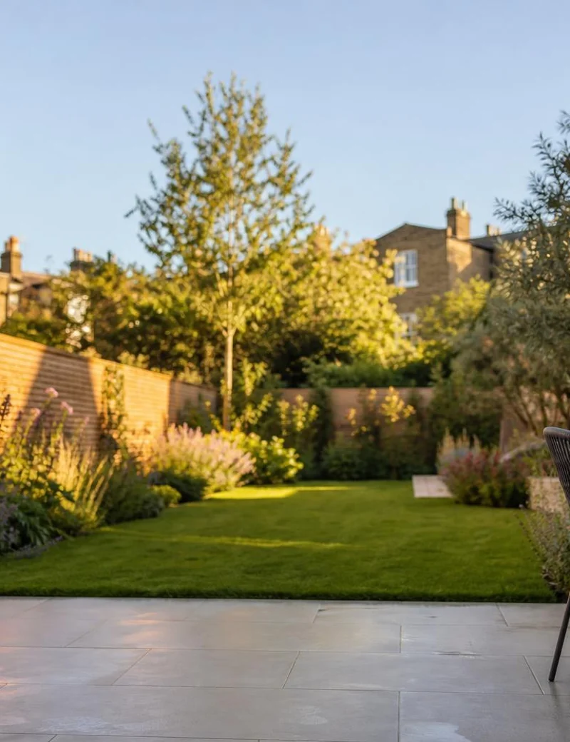 Newly landscaped garden with porcelain patio and planted borders