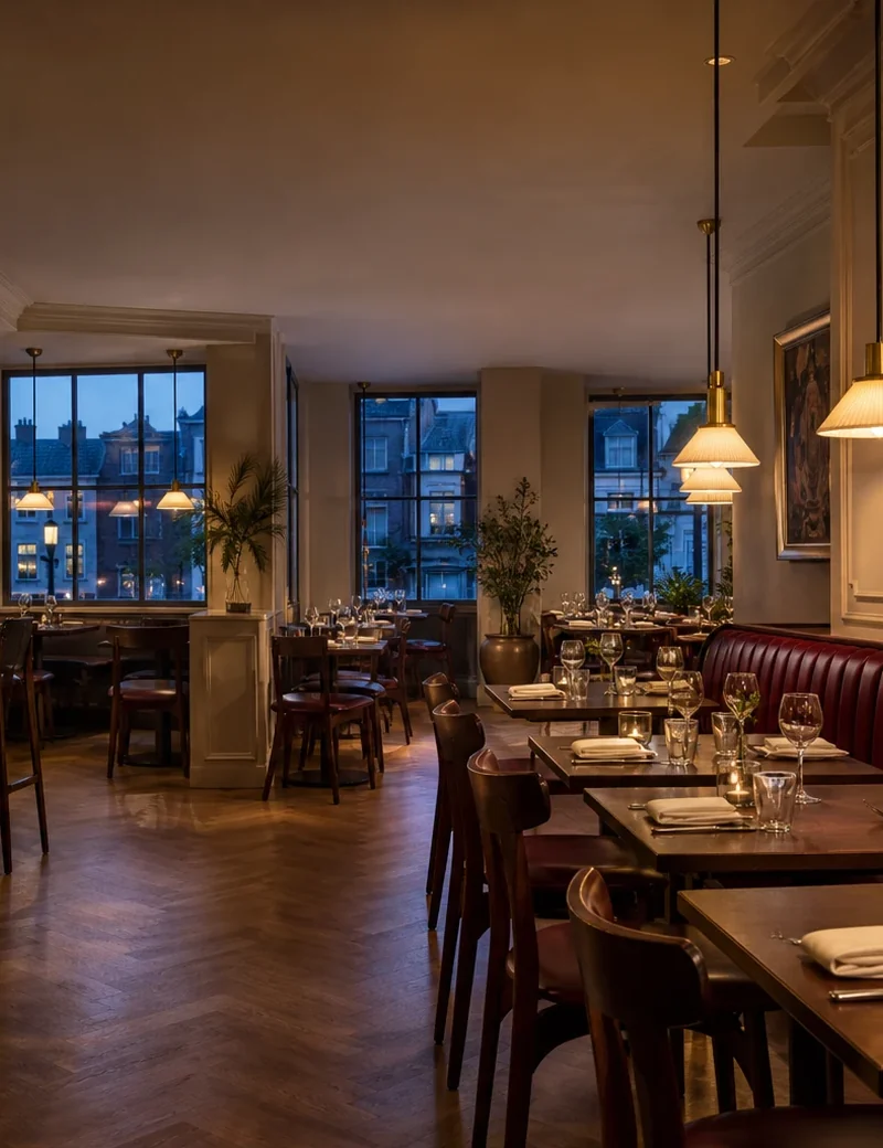 A warmly lit restaurant with burgundy seating