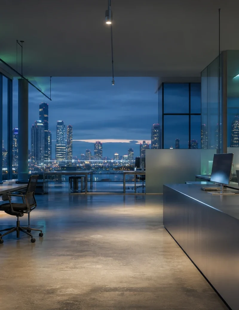 A modern technology studio with glass partitions