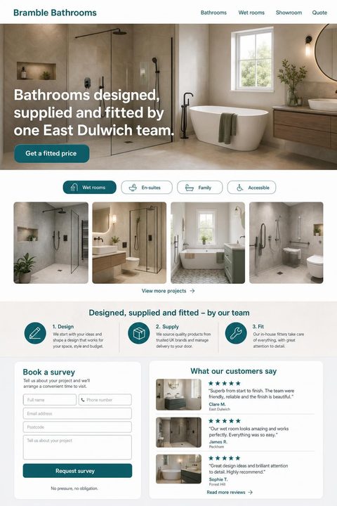Concept website design for a bathroom fitter: white and teal spa-like layout with gallery filters