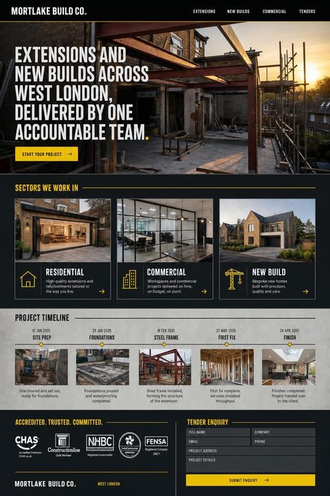 Concept website design for a construction company: black and hi-vis yellow industrial layout
