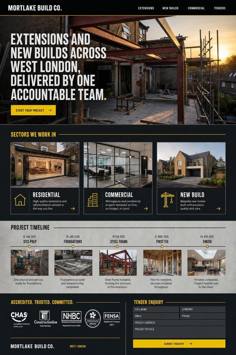 Concept website design for a construction company: black and hi-vis yellow industrial layout