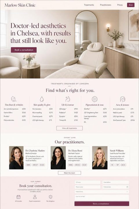 Concept website design for an aesthetics clinic: blush, cream and plum elegant layout