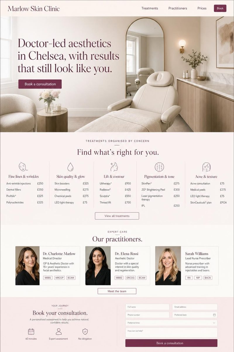Concept website design for an aesthetics clinic: blush, cream and plum elegant layout