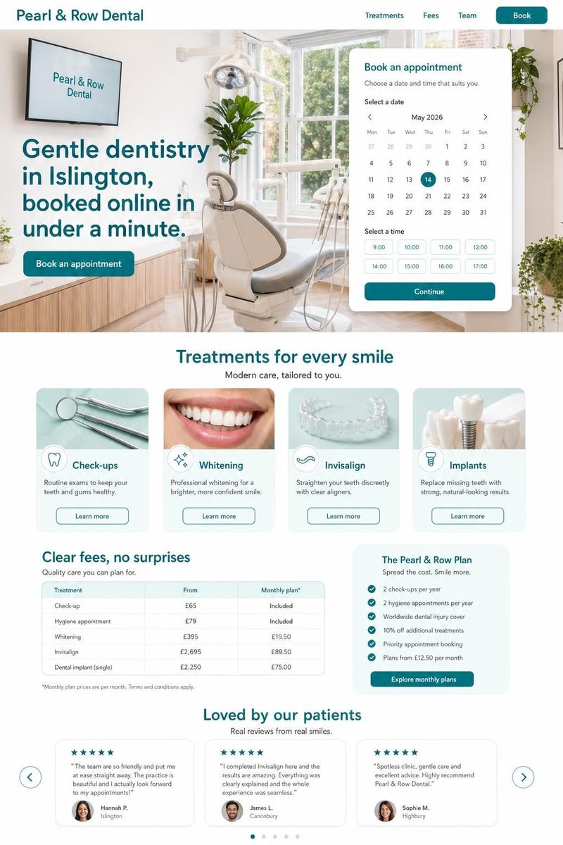 Concept website design for a dental practice: white and aqua friendly layout with online booking