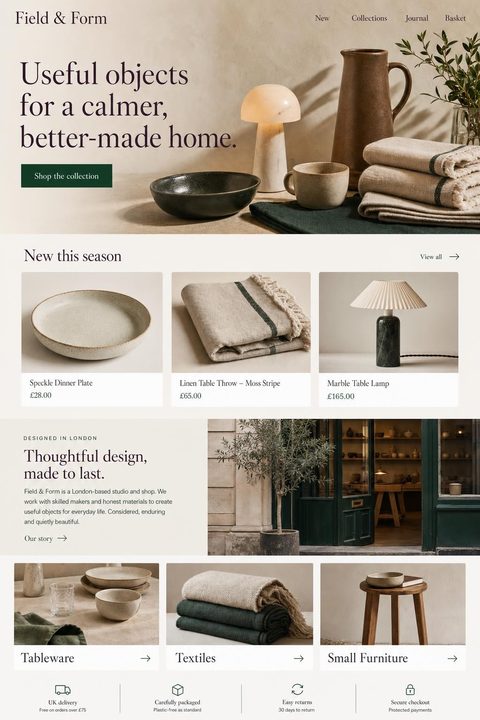 Concept ecommerce website design for a UK homeware brand: premium editorial shop with product collections