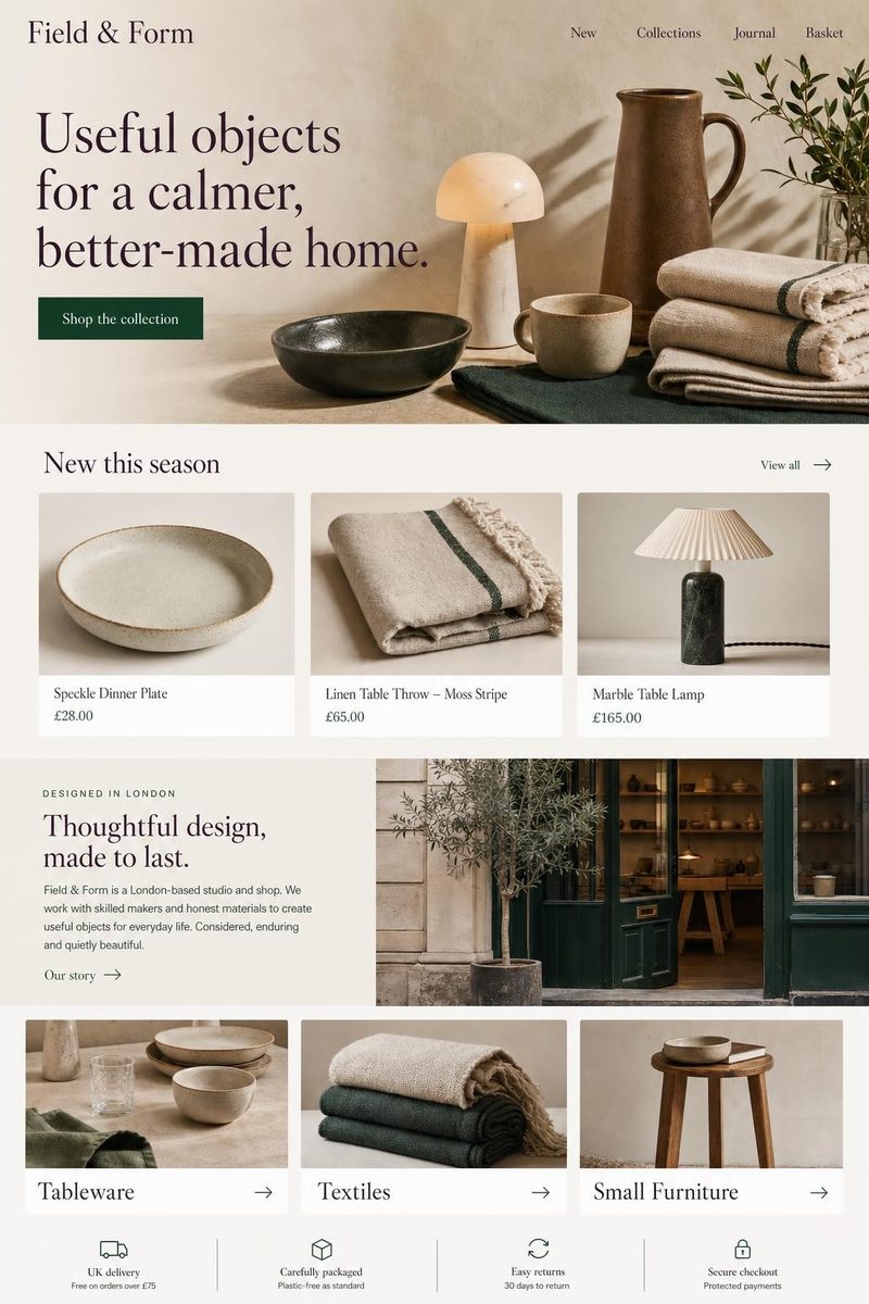 Concept ecommerce website design for a UK homeware brand: premium editorial shop with product collections