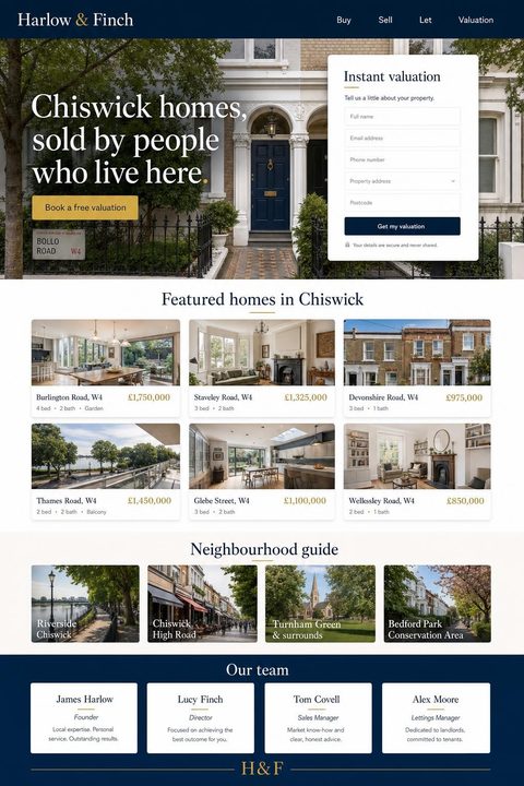 Concept website design for an estate agent: navy and gold premium layout with property grid