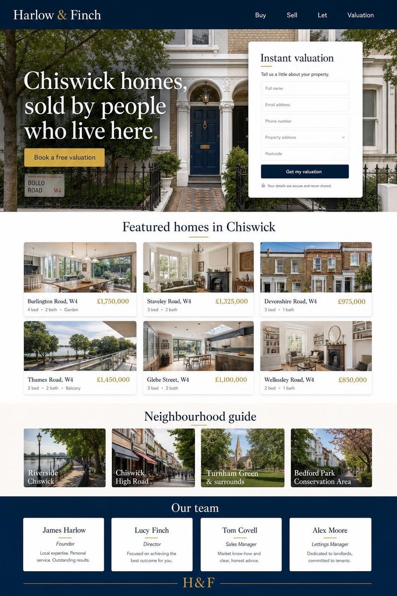 Concept website design for an estate agent: navy and gold premium layout with property grid