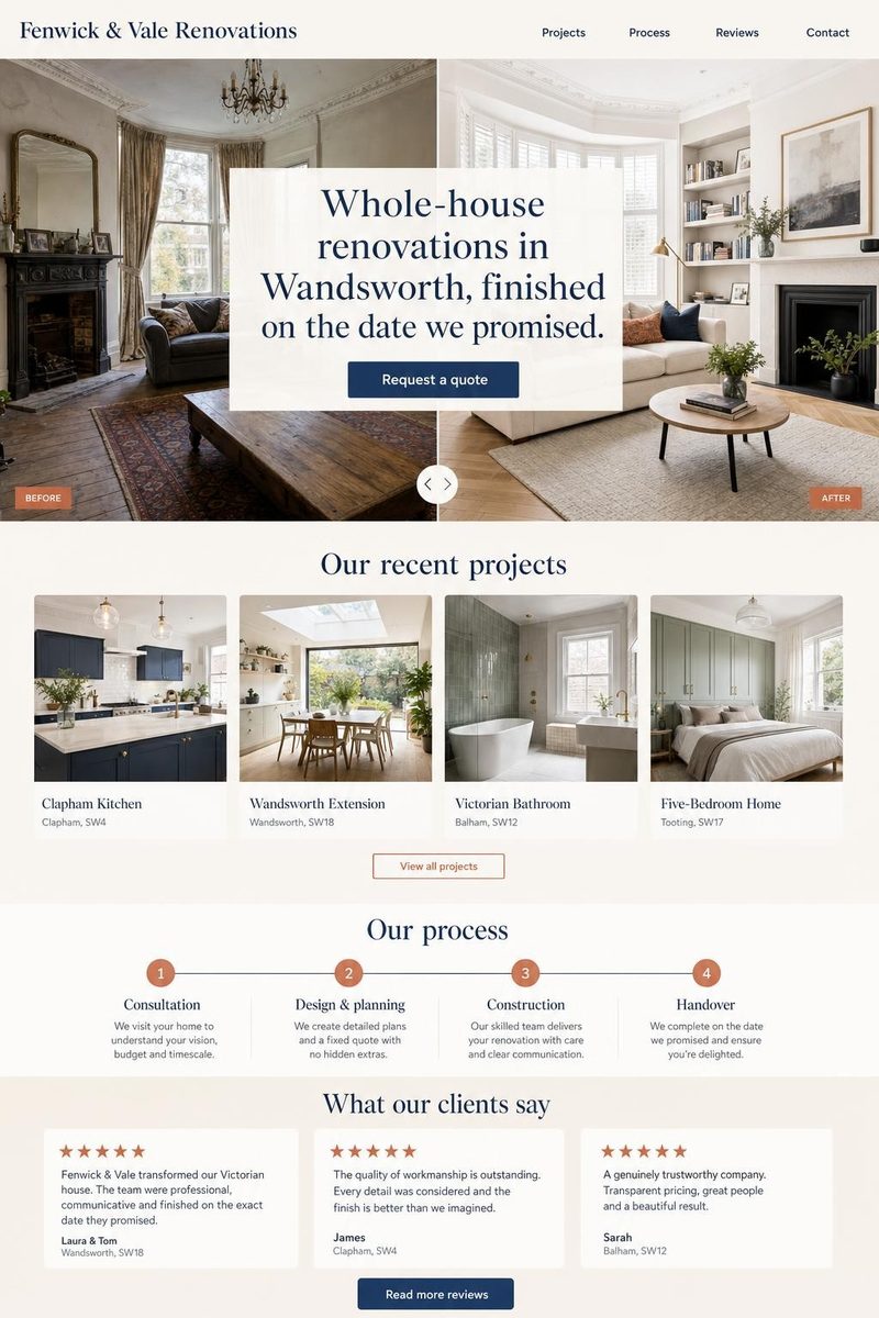 Concept website design for a home renovation company: navy and terracotta editorial layout with before-and-after hero