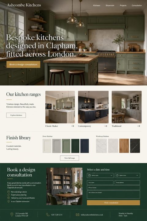 Concept website design for a kitchen showroom: forest green and cream luxury editorial layout
