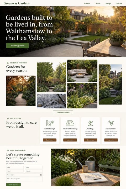 Concept website design for a landscaper: cream and leaf green organic layout with portfolio grid