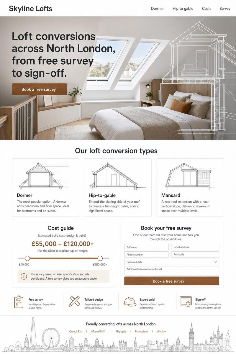 Concept website design for a loft conversion company: white architectural layout with line drawings
