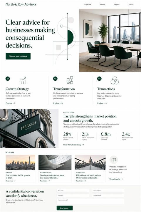 Concept website design for a professional services firm: authoritative white and British Racing Green editorial layout