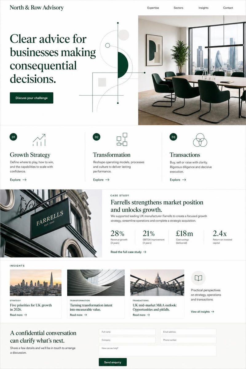 Concept website design for a professional services firm: authoritative white and British Racing Green editorial layout