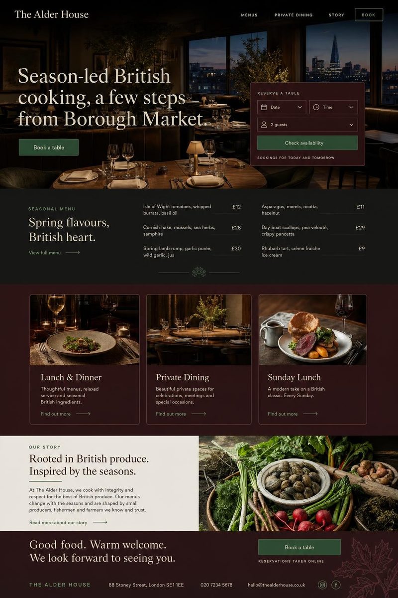 Concept website design for a restaurant: atmospheric oxblood and cream layout with menu and booking