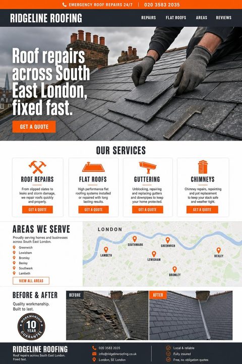 Concept website design for a roofing company: charcoal and safety orange layout with emergency call bar