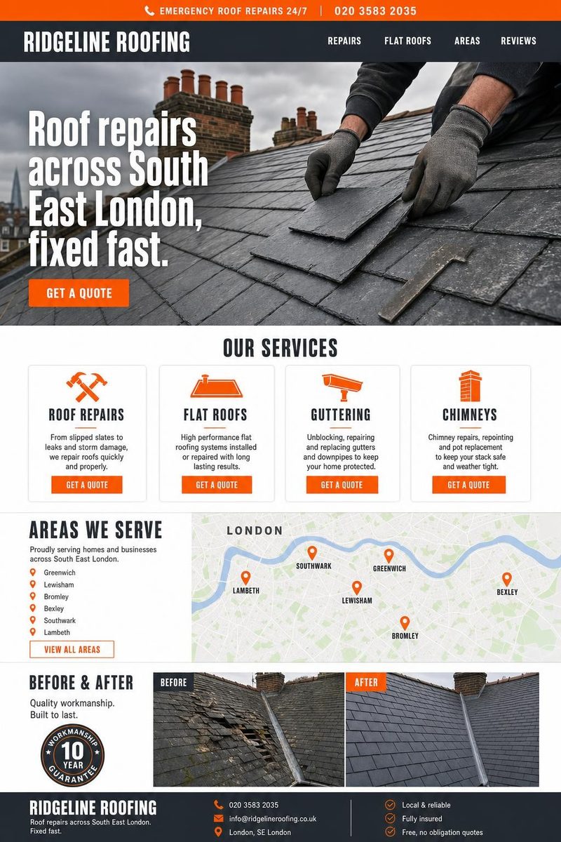 Concept website design for a roofing company: charcoal and safety orange layout with emergency call bar