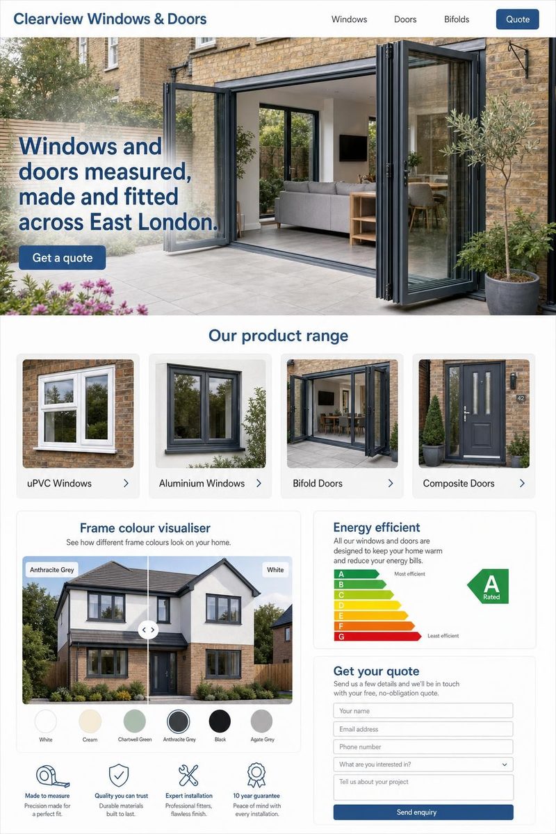Concept website design for a window and door installer: white and steel blue product layout