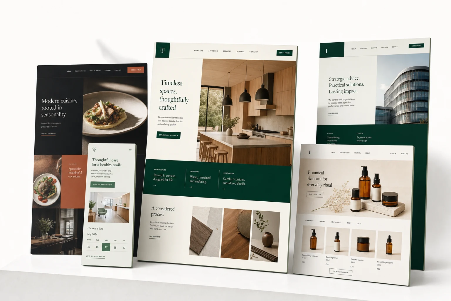 An illustrative collection of website designs for architecture, restaurants, dental care, professional services and eCommerce, arranged in a green and ivory studio composition.