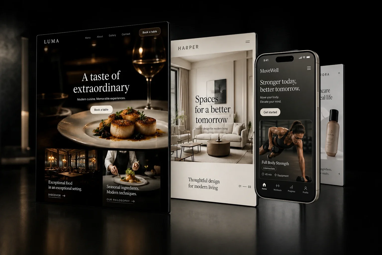 Fictional restaurant, interior design, fitness app and skincare concepts with a modern iPhone in a dark studio.