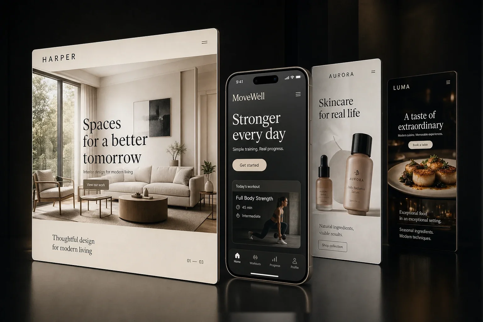 Fictional interior design, fitness and skincare concepts with a modern iPhone in a dark studio.