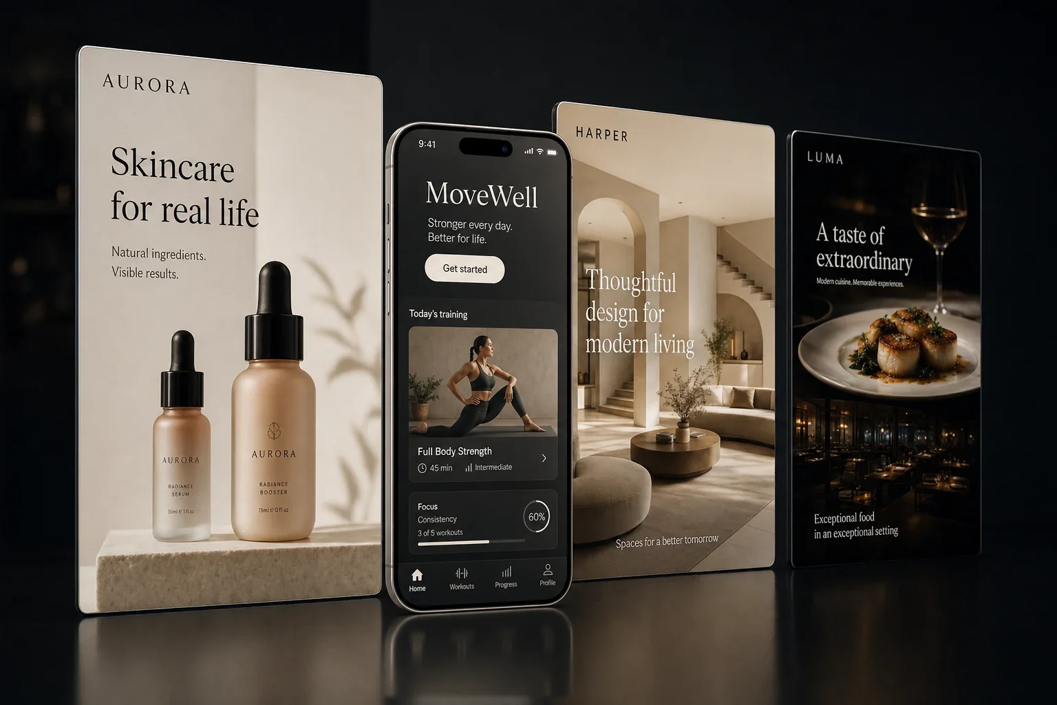 Fictional skincare, architecture and restaurant concepts with a modern iPhone displaying a fitness app.