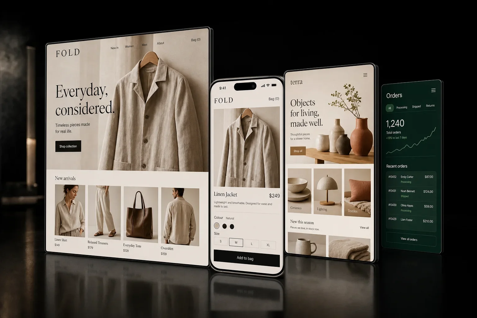 Fictional fashion and homeware eCommerce concepts with a modern iPhone storefront.