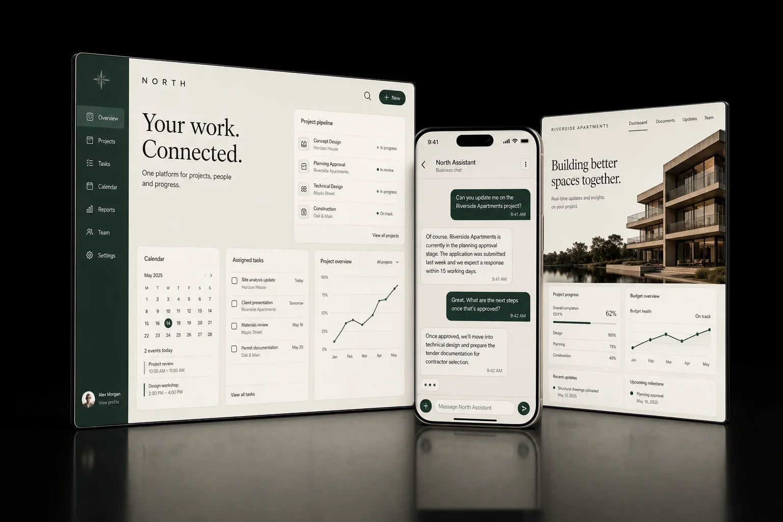 Fictional business platform and customer portal with a modern iPhone displaying an AI enquiry assistant.