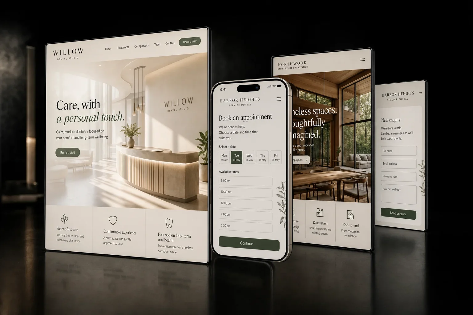 Fictional dental and renovation websites with a modern iPhone appointment booking interface.