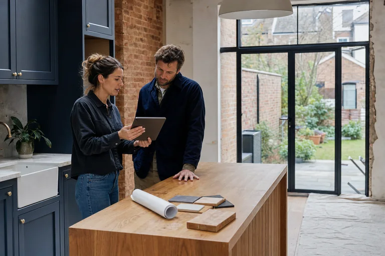 AI-generated illustrative scene of a renovation team reviewing project details on a tablet in a British terraced-home extension.