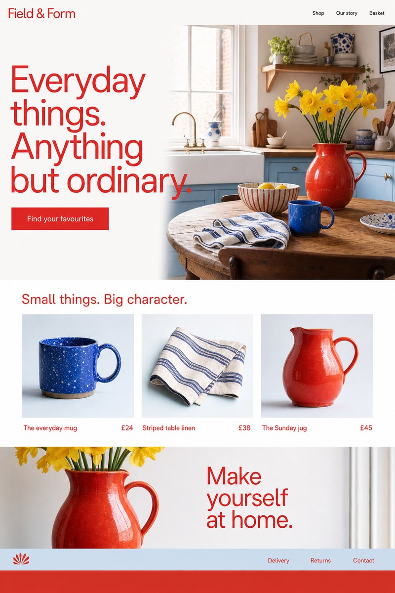 Fictional UK homeware shop concept with red and blue ceramics, a British kitchen setting and product prices in pounds.