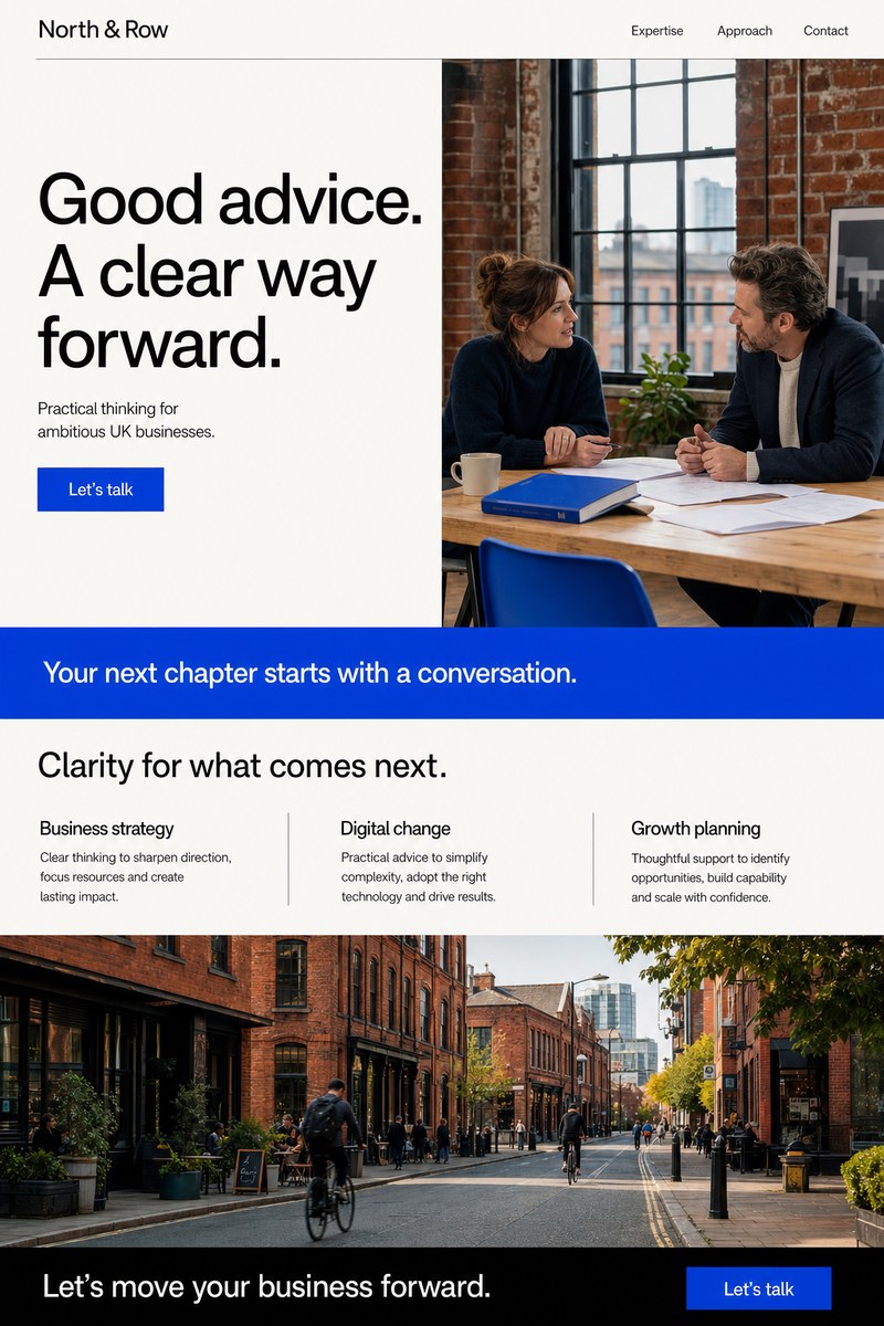 Fictional UK advisory website concept with bold black typography, cobalt-blue details and a conversation in a brick-built studio.