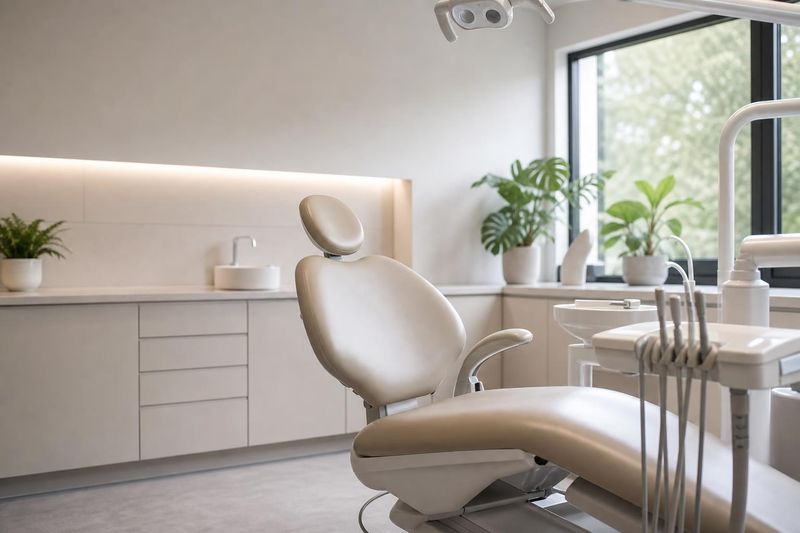 Modern dental treatment room with a cream chair and natural light