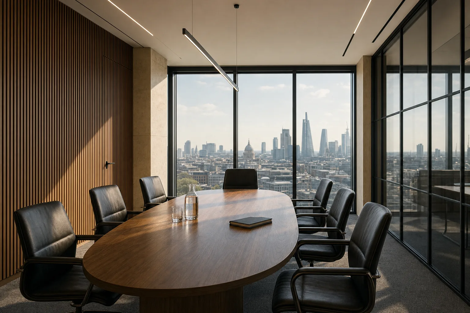 AI-generated boardroom with oak slats, a walnut table, dark leather chairs and London skyline views.