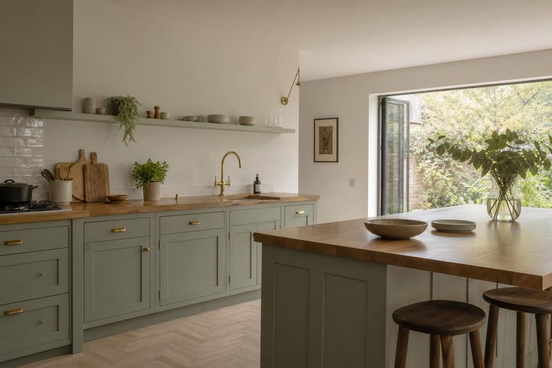 Sage green shaker kitchen with oak worktops and a large island