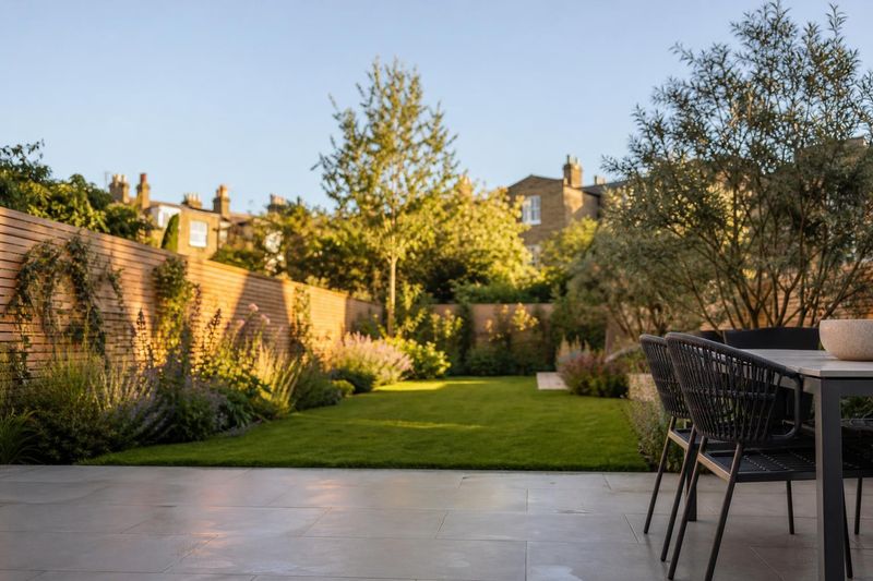 Newly landscaped garden with porcelain patio and planted borders