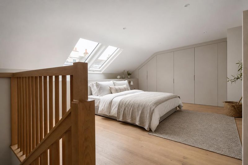 Bright dormer loft conversion bedroom with roof windows and oak stairs