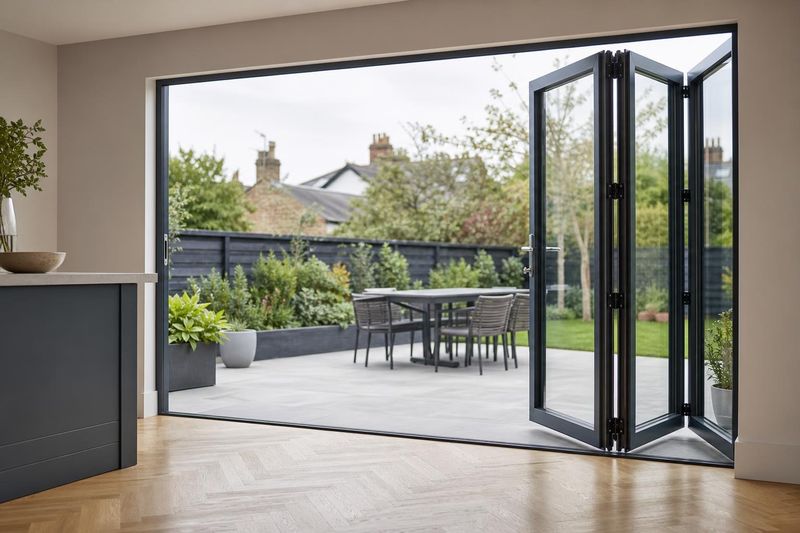 Anthracite aluminium bifold doors opening onto a garden