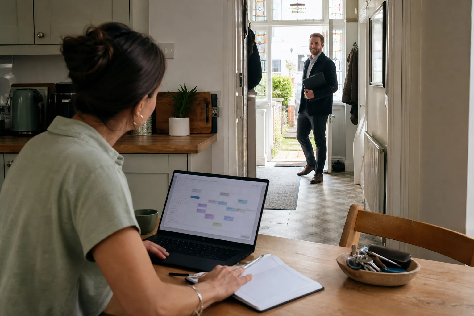 Illustrative photograph of a homeowner using an online appointment calendar as an estate agent arrives for a market appraisal at a UK terraced house.