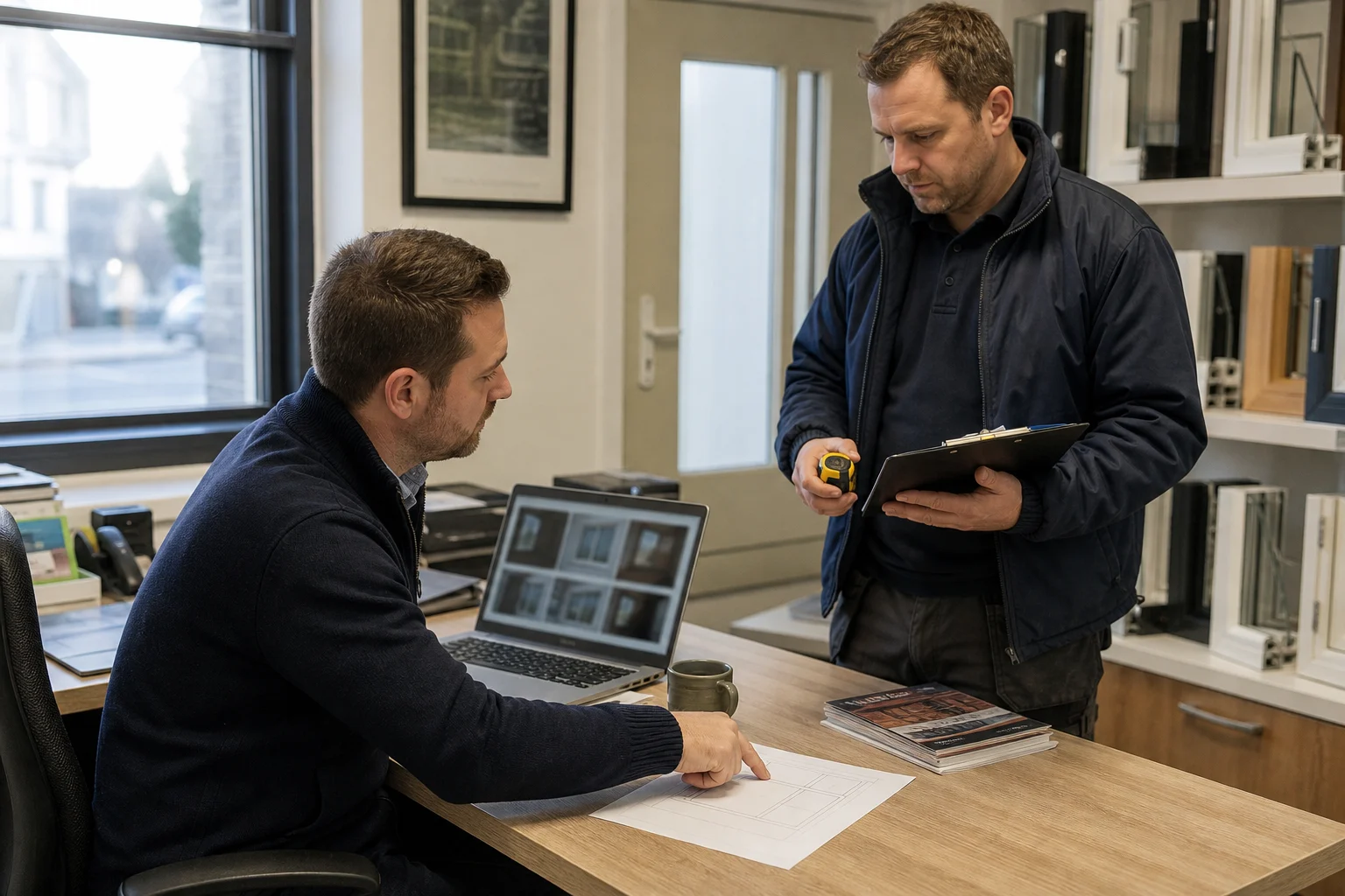 Illustrative photograph of a glazing office team reviewing window photos and preparing for an on-site survey.