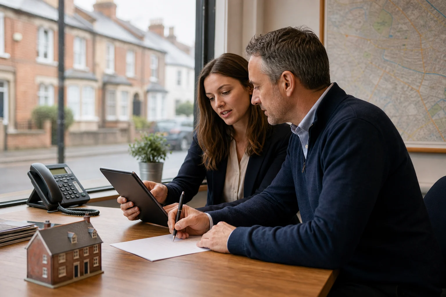 Illustrative photograph of two estate agency colleagues reviewing a property valuation enquiry on a tablet in a UK high-street branch.