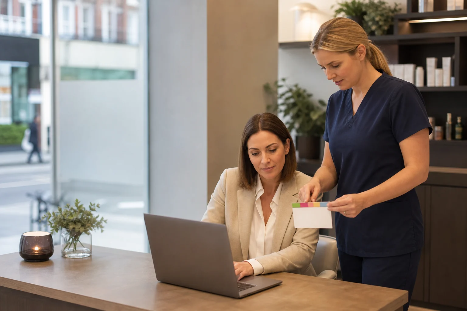 Illustrative photograph of a cosmetic clinic receptionist and practitioner reviewing an enquiry handover beside a laptop.