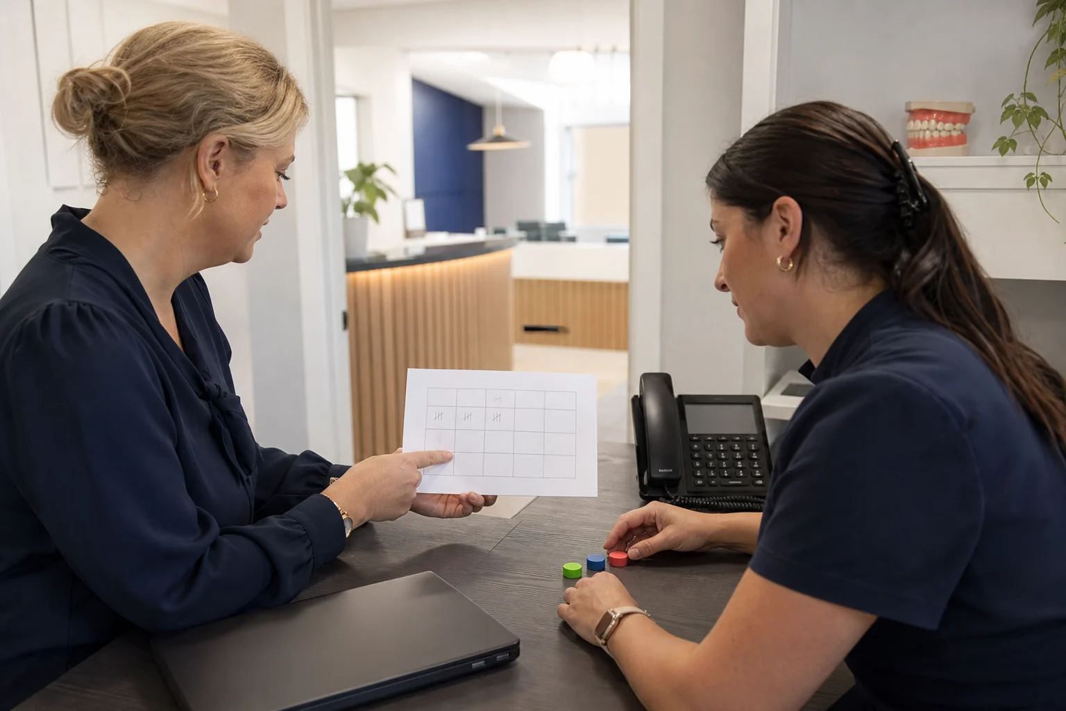 Illustrative photograph of a dental practice manager and reception lead reviewing an anonymised call tally beside a desk telephone.