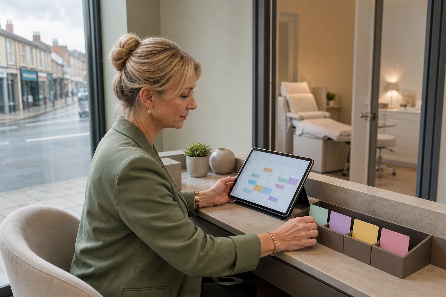 Illustrative photograph of a cosmetic clinic operations manager organising consultation booking stages beside a tablet calendar.