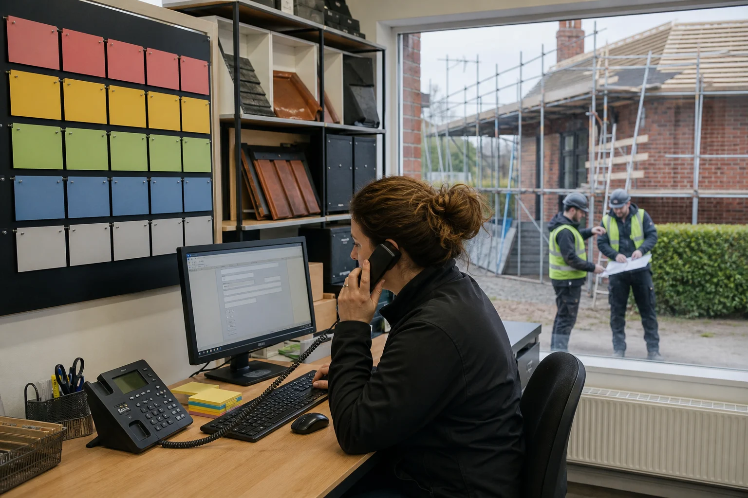 Illustrative photograph of a roofing office manager logging a phone enquiry while a site crew checks plans beside scaffolding outside.