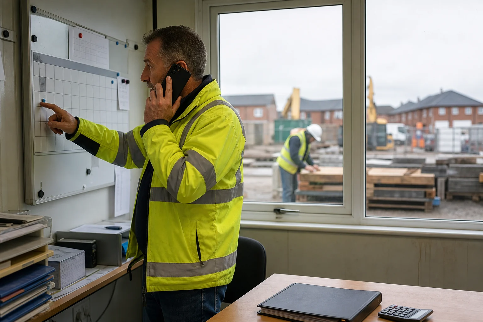 Illustrative photograph of a construction commercial manager making a tender follow-up call while marking a decision date in a UK site office.