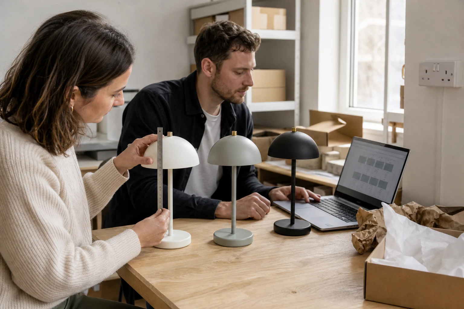 Illustrative photograph of a UK ecommerce team measuring and comparing three table lamps beside a laptop in a stockroom office.