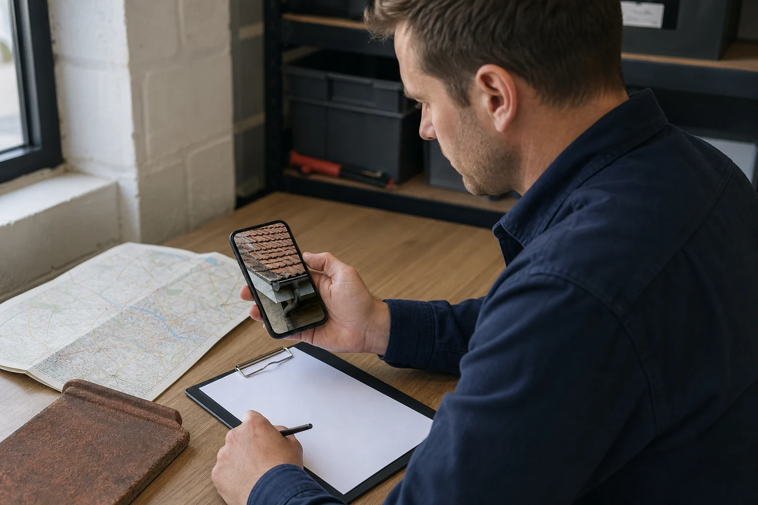 Illustrative photograph of a roofing coordinator checking a roof photo on a phone against an enquiry form before arranging a survey.